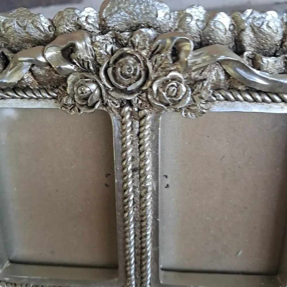 Vtg Platinum Resin Floral Ornate Double Frame 7x5” Ruffle Ribbon Cottage Core